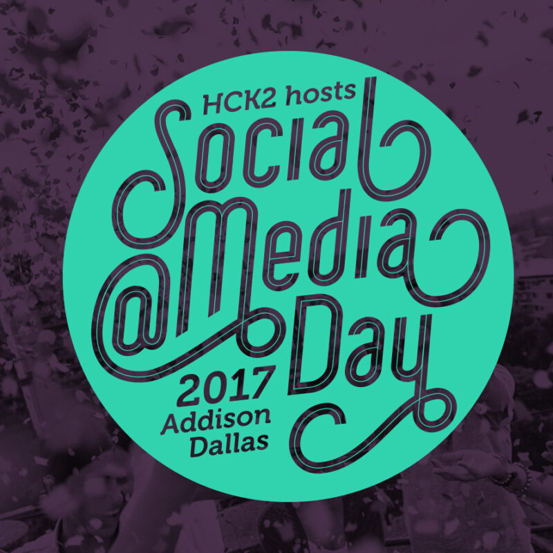 HCK2 hosts social media day 2017 Addison and Dallas - mint green logo on deep purple background with young group of people celebrating with confetti on a rooftop