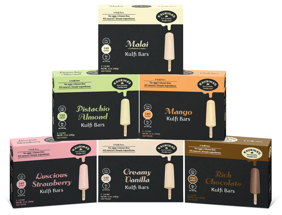 4 Pack Snack Size Kulfi packaging featuring strawberry, vanilla, chocolate, pistachio-almond, mango and malai