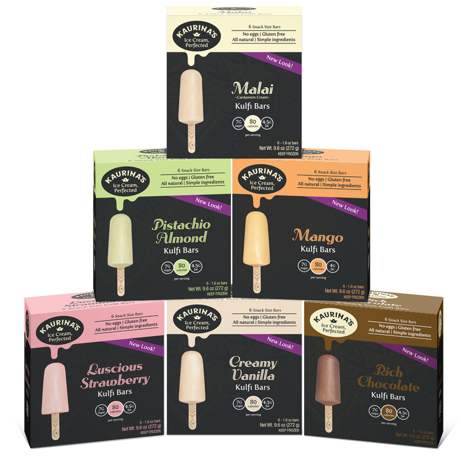 6 Pack Snack Size Kulfi packaging featuring strawberry, vanilla, chocolate, pistachio-almond, mango and malai