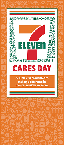 Seven foot tall orange pop up banner with 7-Eleven Cares Day logo and icons