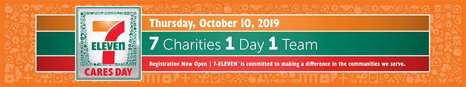 Large multi-screen monitor array with icons and 7-Eleven Cares day logo on orange. Thursday, October 10, 2019. 7 Charities, 1 Day, 1 Team. Regristration Now Open. 7-Eleven is committed to making a difference in the communities we server.