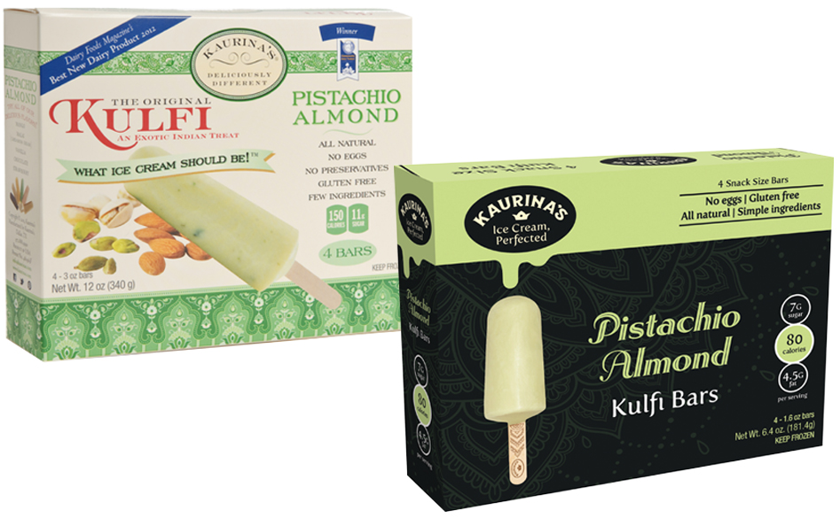 Before and after packaging featuring pistachio-almond flavor