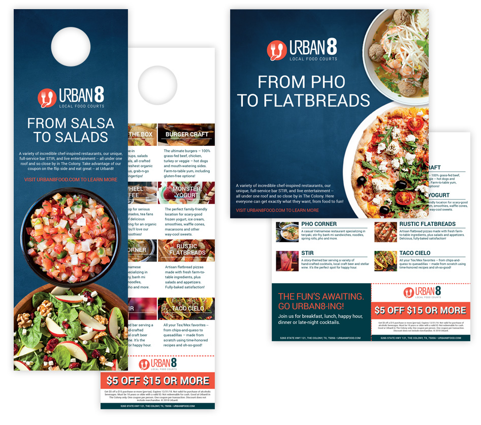 Urban8 Free standing insert with coupon and door hanger featuring unexpected pairing of food