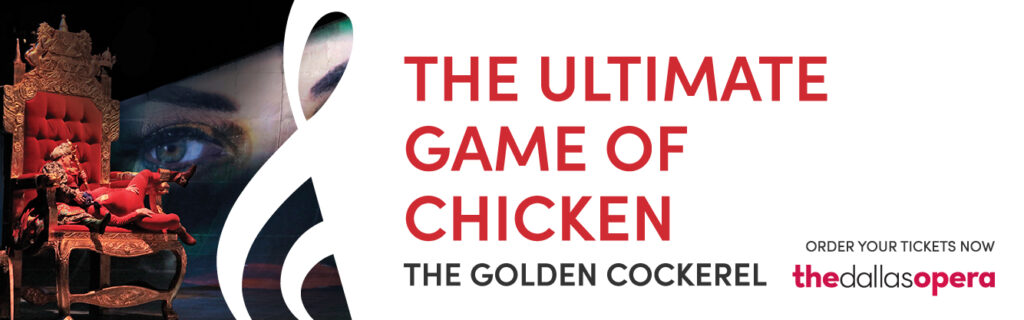 Horizontal digital display ad for The Golden Cockerel featuring the king in a giant throne with large eyes overlooking framed by the negative space of a treble clef with the headline The Ultimate Game of Chicken. The Golden Cockerel