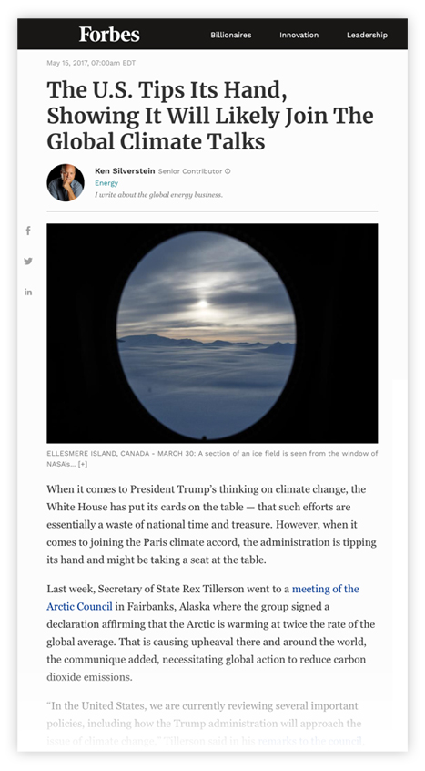 Allegro - Forbes Article. The U.S. Tips Its Hand, Showing It Will Likely Join The Global Climate Talks