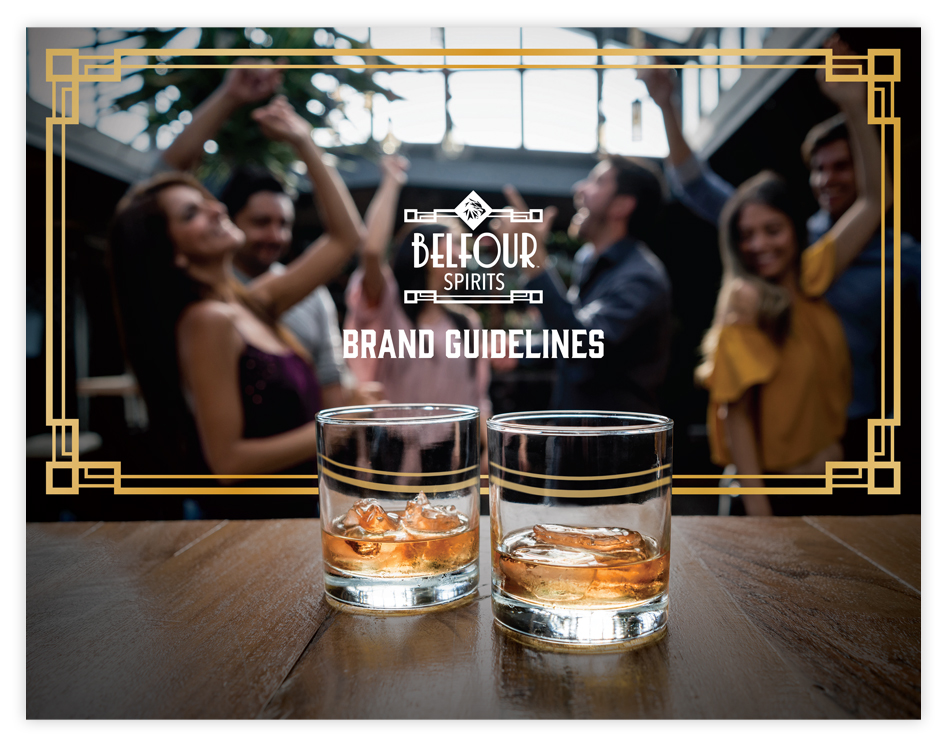 Belfour Brand Guide - Cover with logo and art deco gold frame around a group of young people dancing with 2 glasses of whiskey on polished wood in the foreground