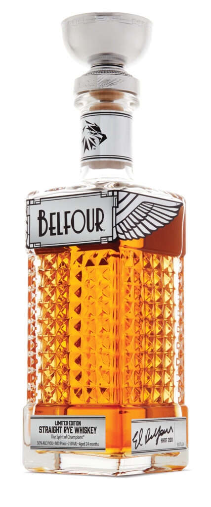 Belfour Limited Edition Rye Whiskey with metallic silver label and hockey trophy topper