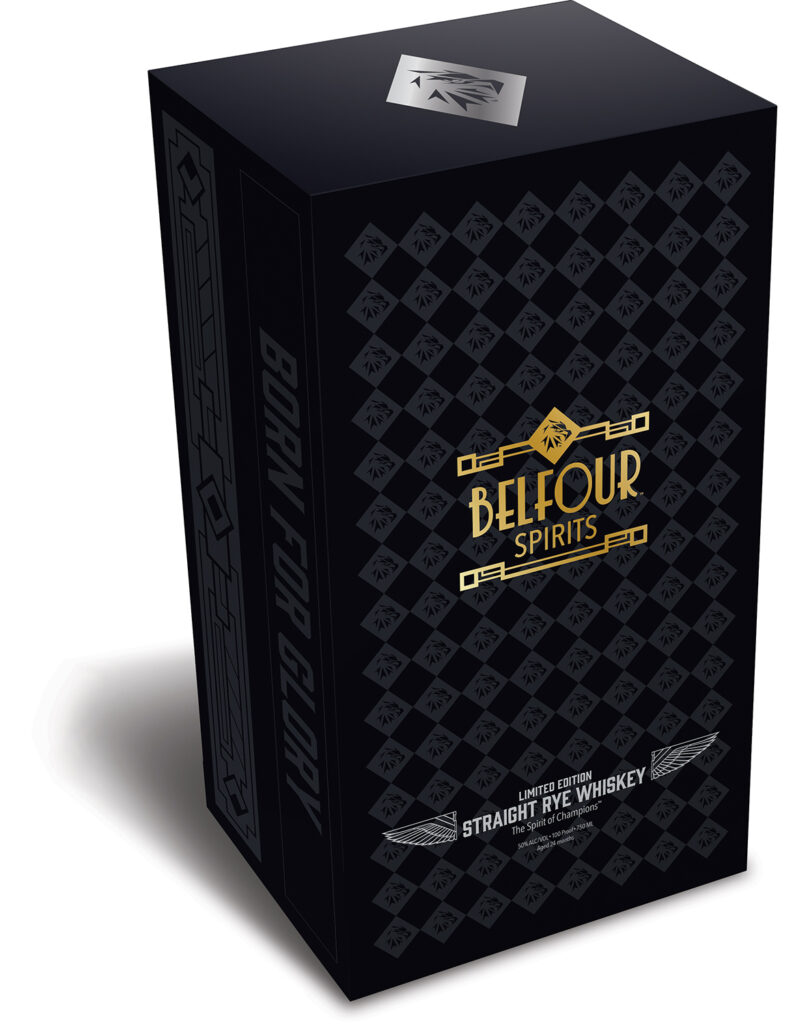 Beflour Limited Edition Box with gold fold logo, silver foil product name and logo mark and clear foil harlequin pattern on matte black background