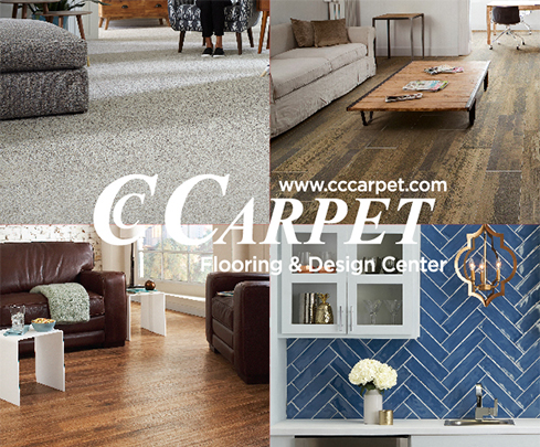 CC Carpet digital ad featuring the logo with four images of carpet, wood flooring and countertops
