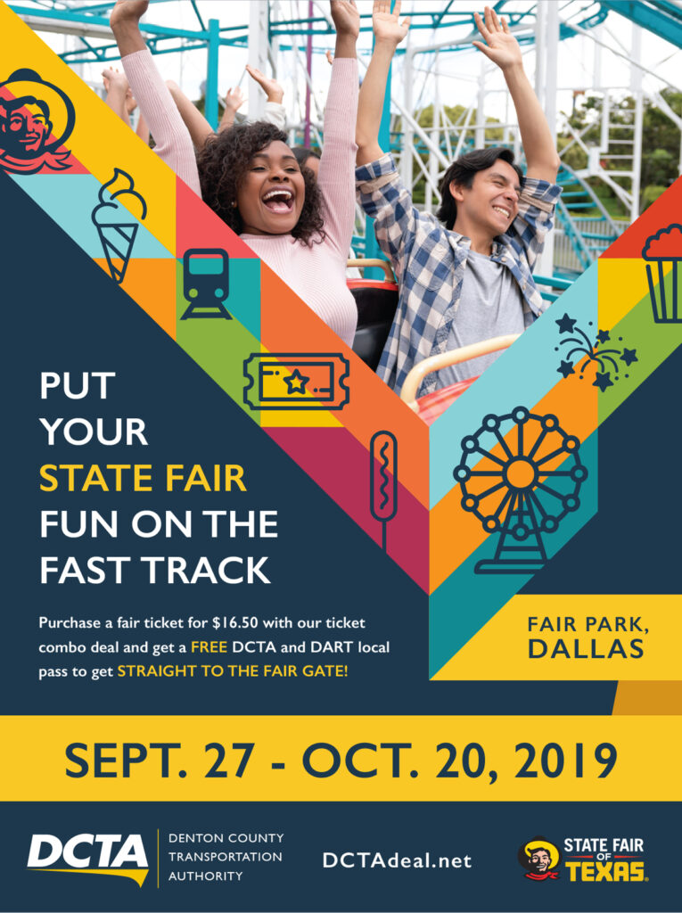 DCTA - poster with an image of a man and a woman riding a ride at the state fair surrounded by fair icons on colorful shapes with the headline Put Your State Fair Fun on the Fast Track