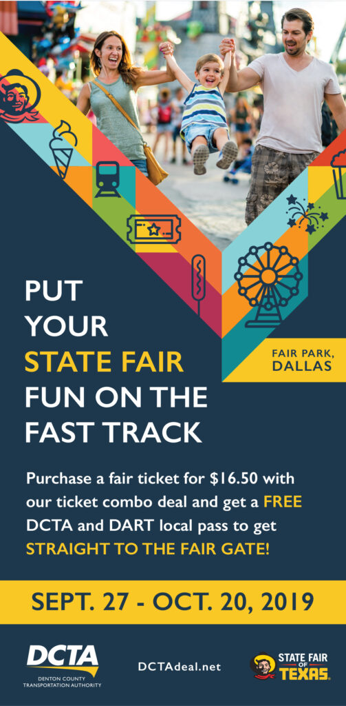 DCTA - print ad with an image of a mother, father and daughter having fun at the fair surrounded by fair icons on colorful shapes with the headline Put Your State Fair Fun on the Fast Track