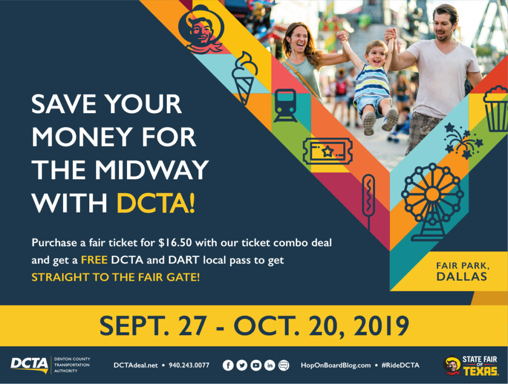 DCTA - windscreen ad with an image of a mother, father and daughter having fun at the fair surrounded by fair icons on colorful shapes with the headline Save Your Money for the Midway with DCTA