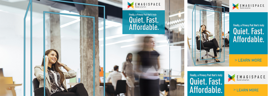 Emagispace - social media and digital advertising featuring an illustration of a privacy pod around a happy women on the phone in a bustling open office. Finally a privacy pod that's truly Quiet. Fast. Affordable.