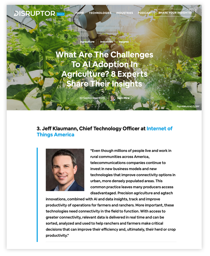 Disruptor article featuring Internet of Things America Chief Technology Officer