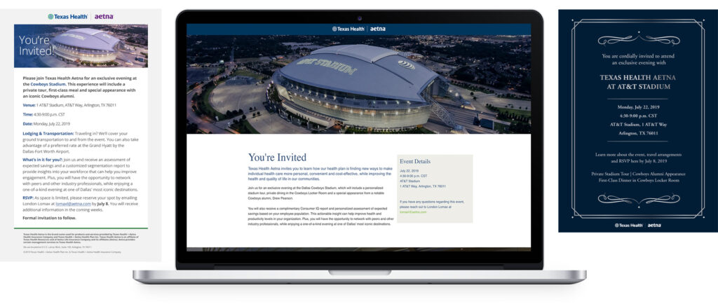 Texas Health Aetna - event email and landing page featuring a drone shot of Cowboy's Stadium the location of the event