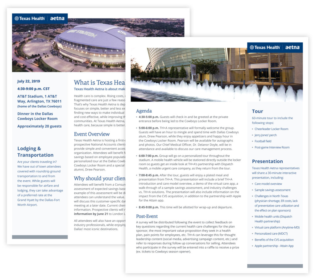 Texas Health Aetna - Event prospectus with images of Cowboy's Stadium