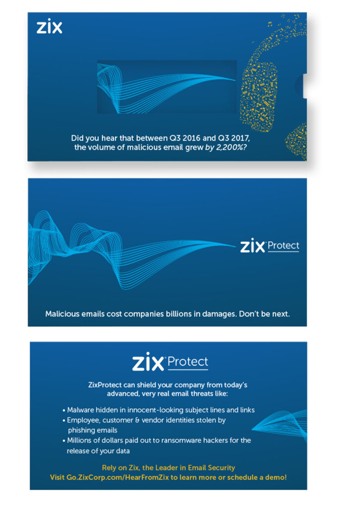 Zix - Did You Hear - direct mail with cutout window and insert card slide out. Views of front of card and back of card with deep blue graphics and messaging.