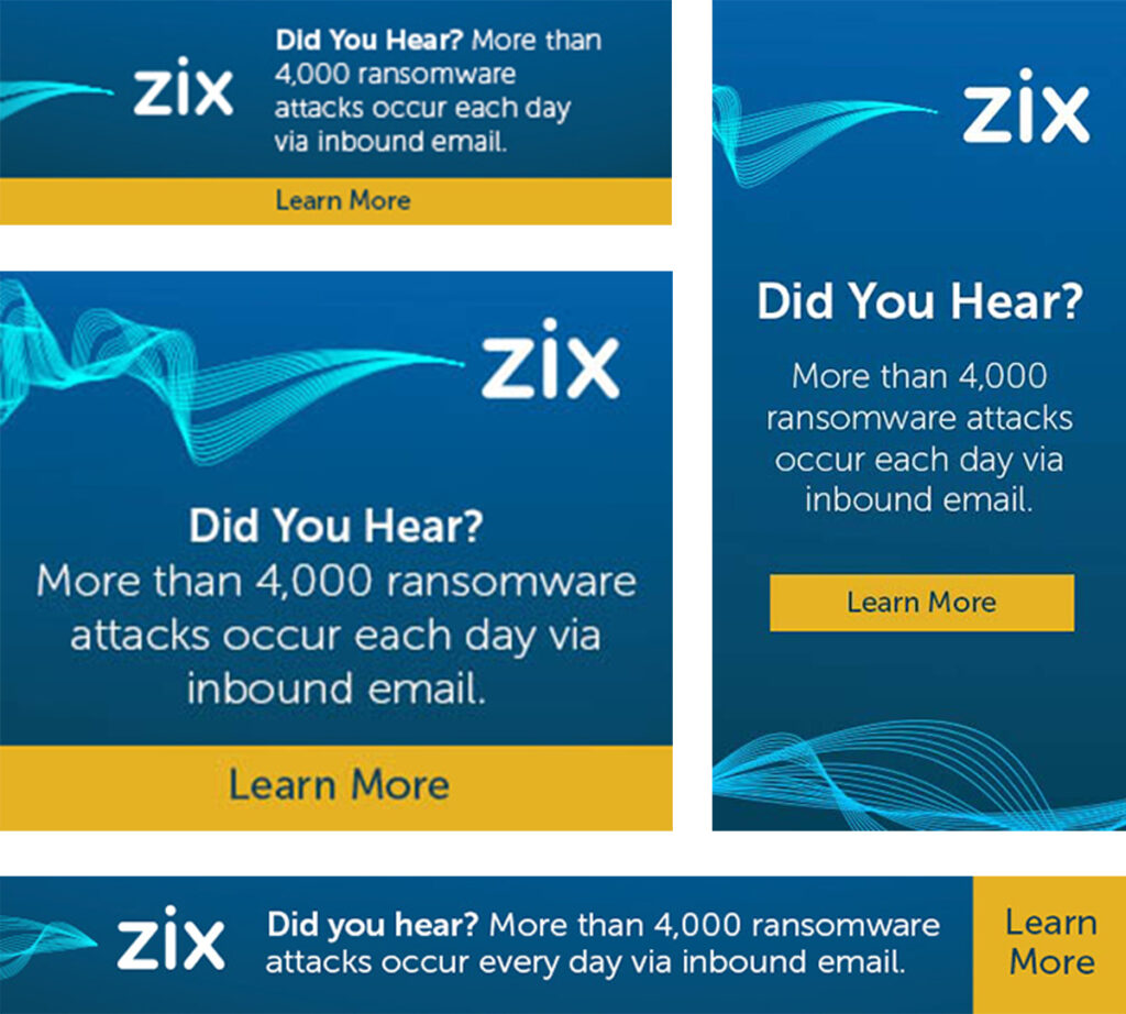 Zix - Did You Hear digital ad samples on blue with messaging and call-to-action in yellow