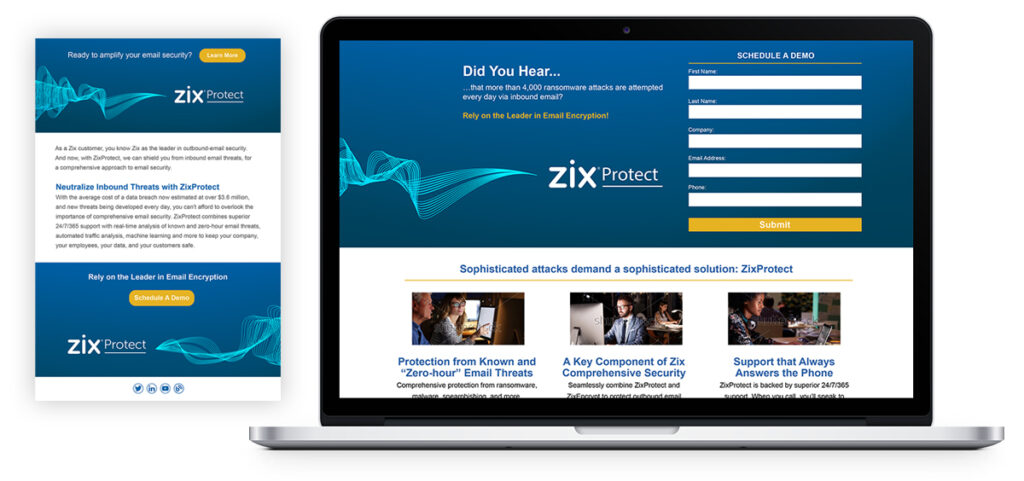 Zix Did You Hear email and Landing page on a laptop